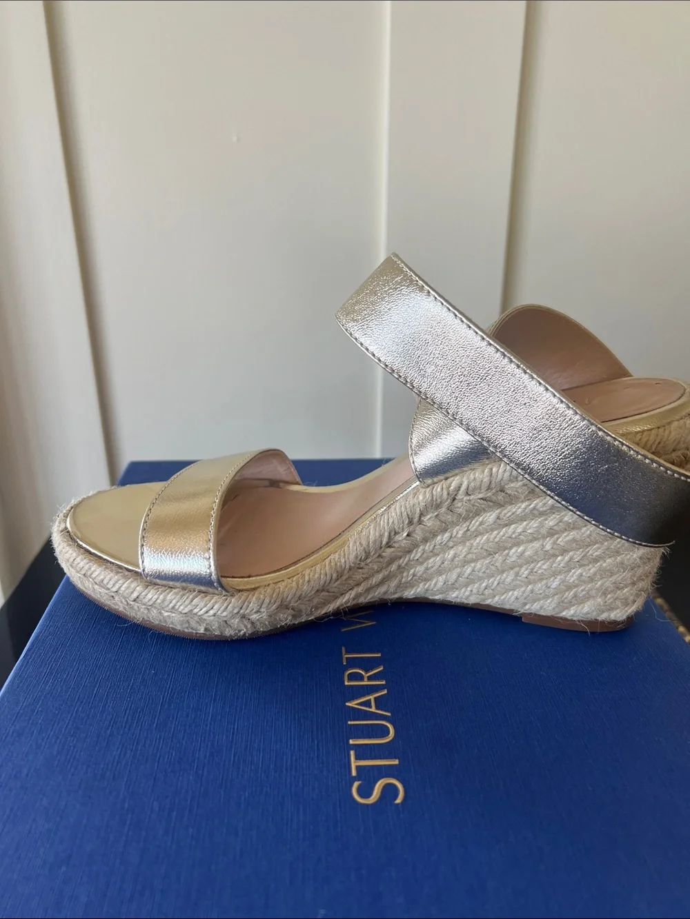 Stuart Weitzman Metallic Gold Espadrille Wedge Sandals - Picture 2 of 9